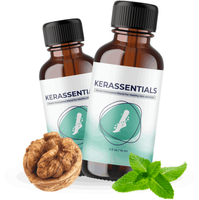Kerassentials supplement bottle displaying natural oil ingredients